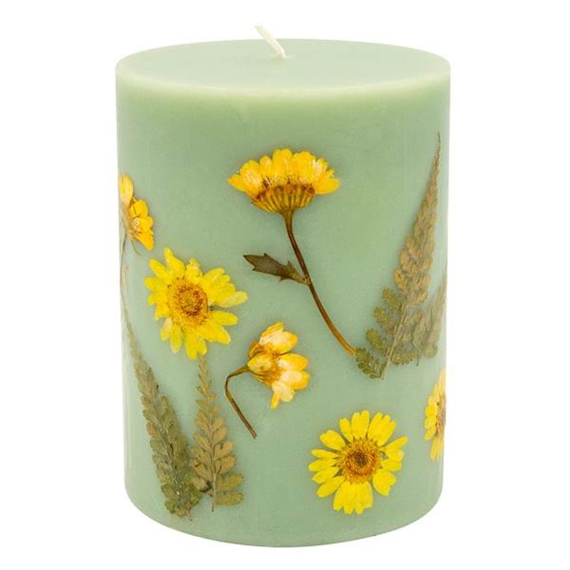 Yellow Dried Flower Embedded Green Unscented Pillar Candle, 3×4
