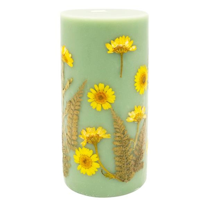 Yellow Dried Flower Embedded Green Unscented Pillar Candle, 3×6