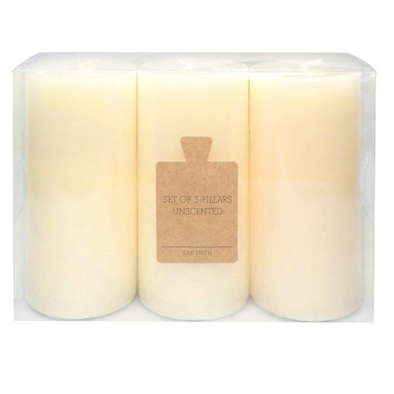 3-Pack White Unscented Pillar Candles, 3×6