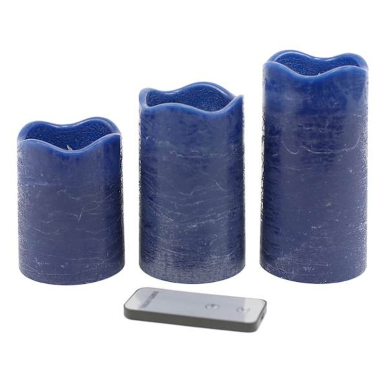 Set of 3 Dark Blue Wavy Top Wax LED Pillar Candles, 4″/5″/6″