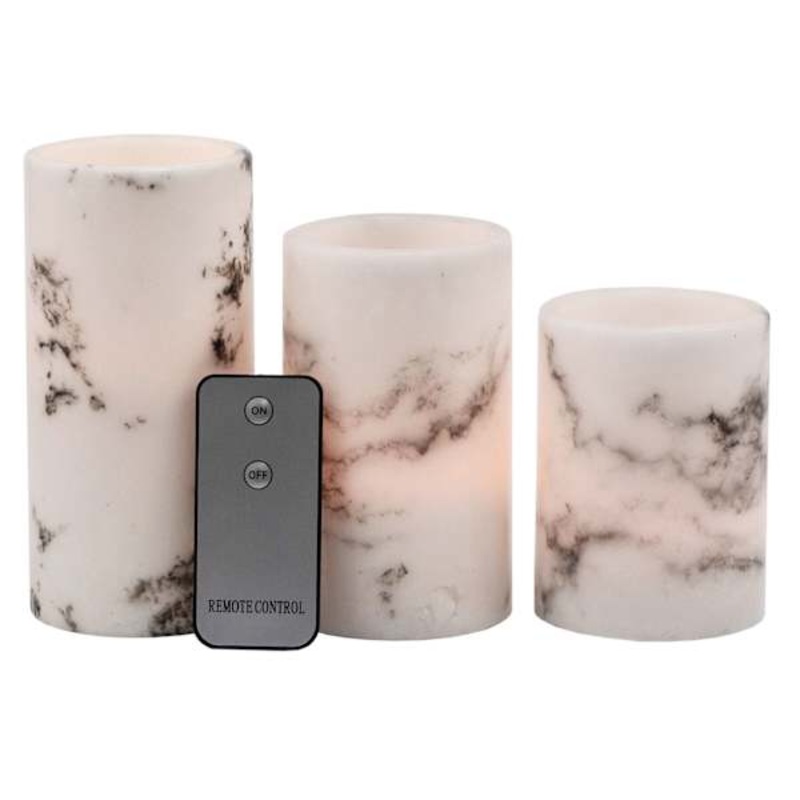 Set of 3 Marbled Wax LED Pillar Candles, 3×4/3×5/3×6