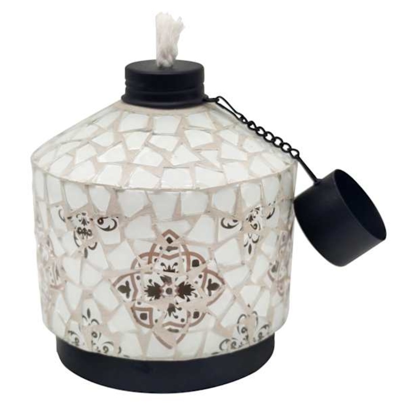 White Pottery Mosaic Tabletop Torch, 6″