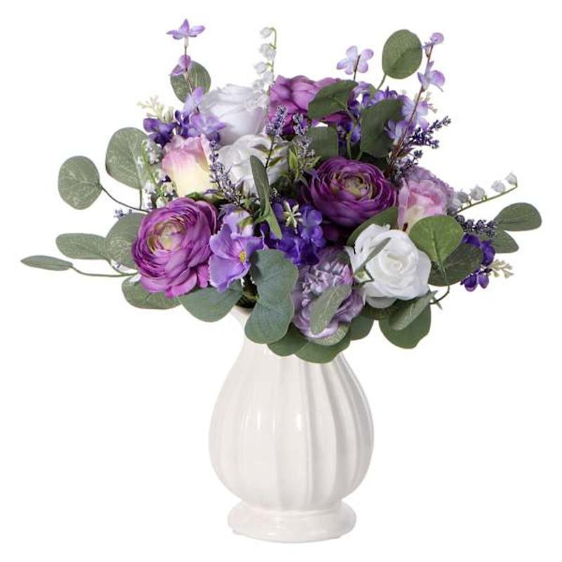 Purple Flower Arrangement in Ceramic Vase, 15.8″