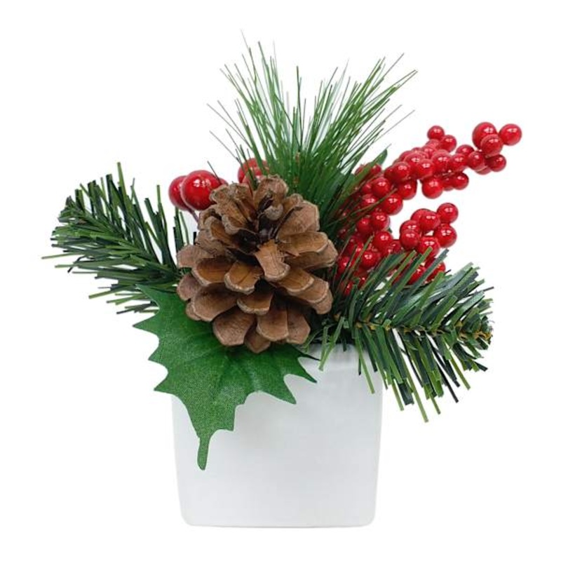 Red Berry & Pinecone Greenery Arrangement with Ceramic Pot, 6″