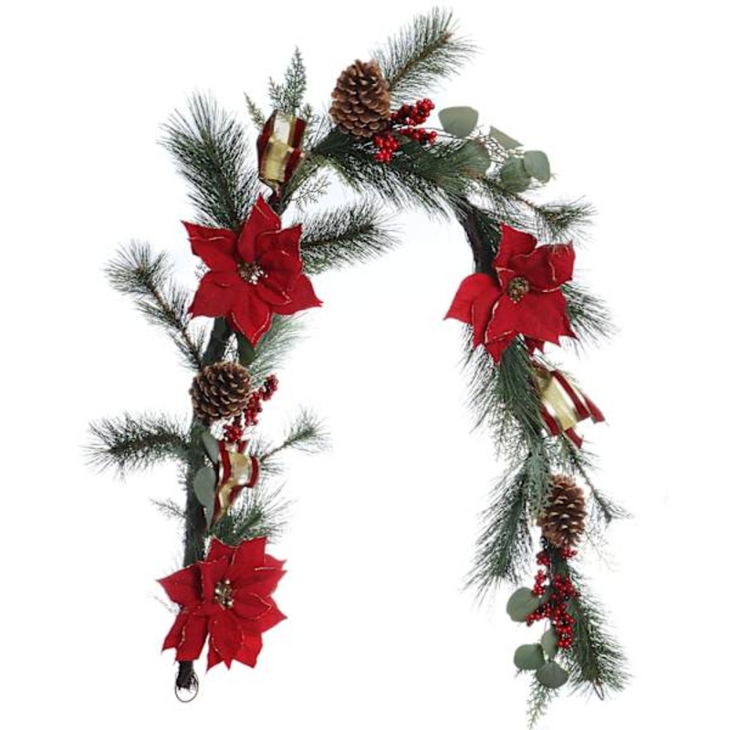Red Glitter Poinsettia, Berry & Pine Garland, 72″