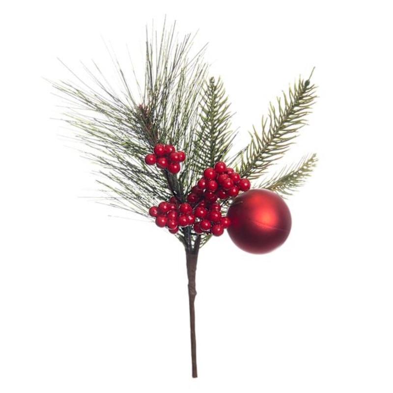 Red Glittered Berry, Ball & Pine Pick, 12″