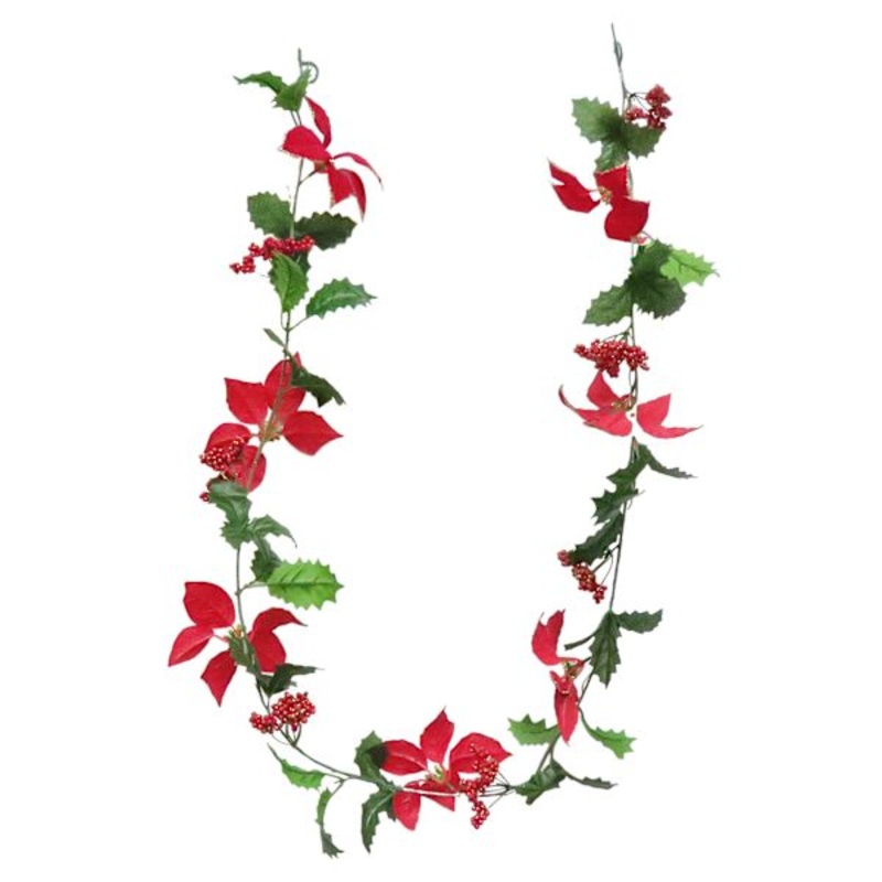 Red Glittered Poinsettia & Berry Garland, 6′