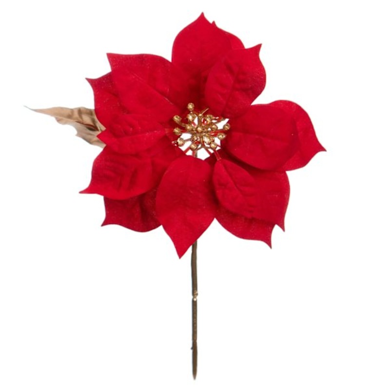 Red Glittered Poinsettia Floral Pick, 10″