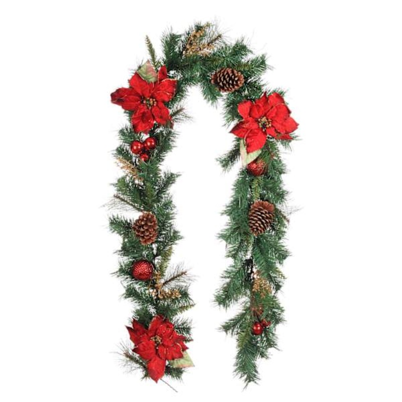 Red Glittered Poinsettia & Ornament Garland, 6′