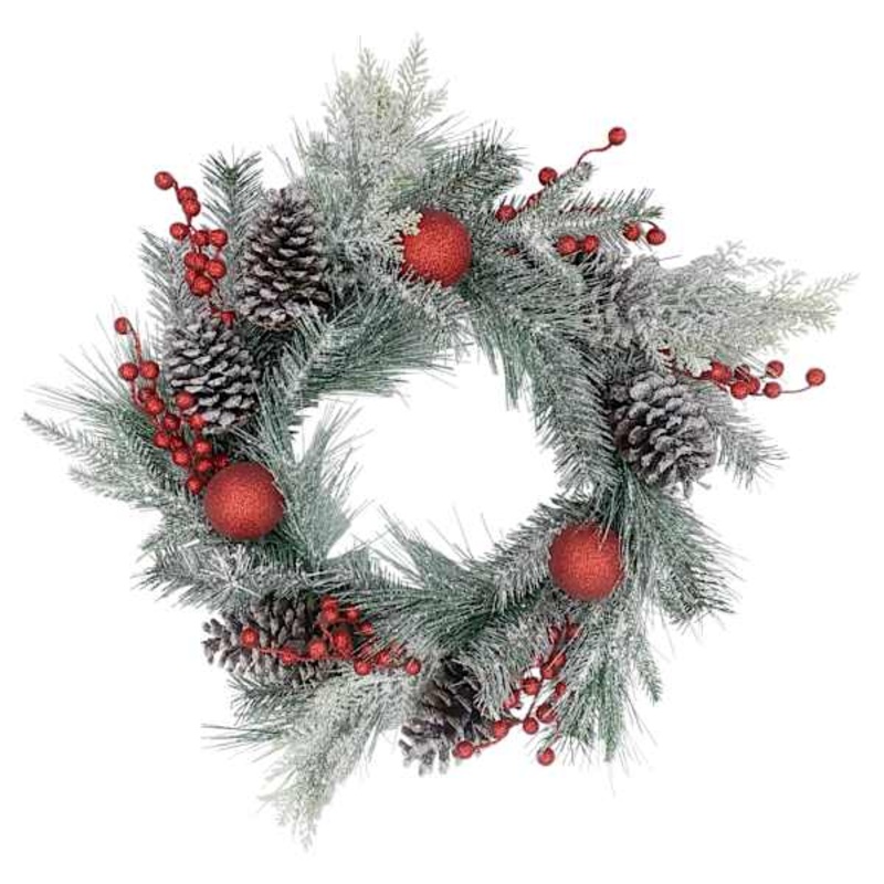 Red Ornament & Bell Flocked Pine Wreath, 24″