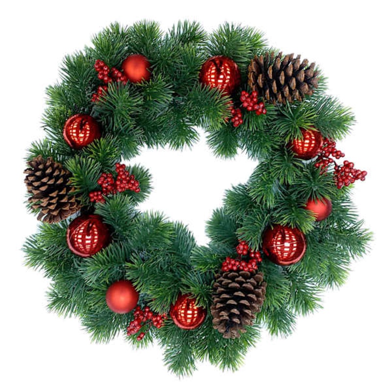 Red Ornament & Pinecone Wreath, 24″