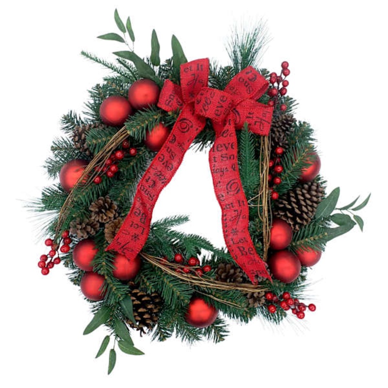 Red Ornaments, Berry & Ribbon Wreath, 22″