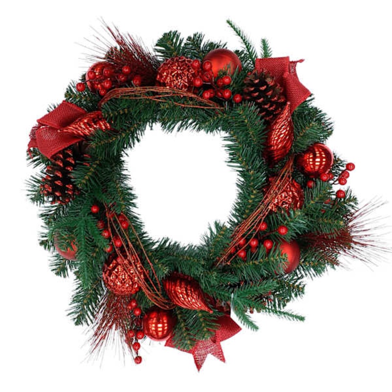 Red Ornaments, Ribbon & Pine Wreath, 22″