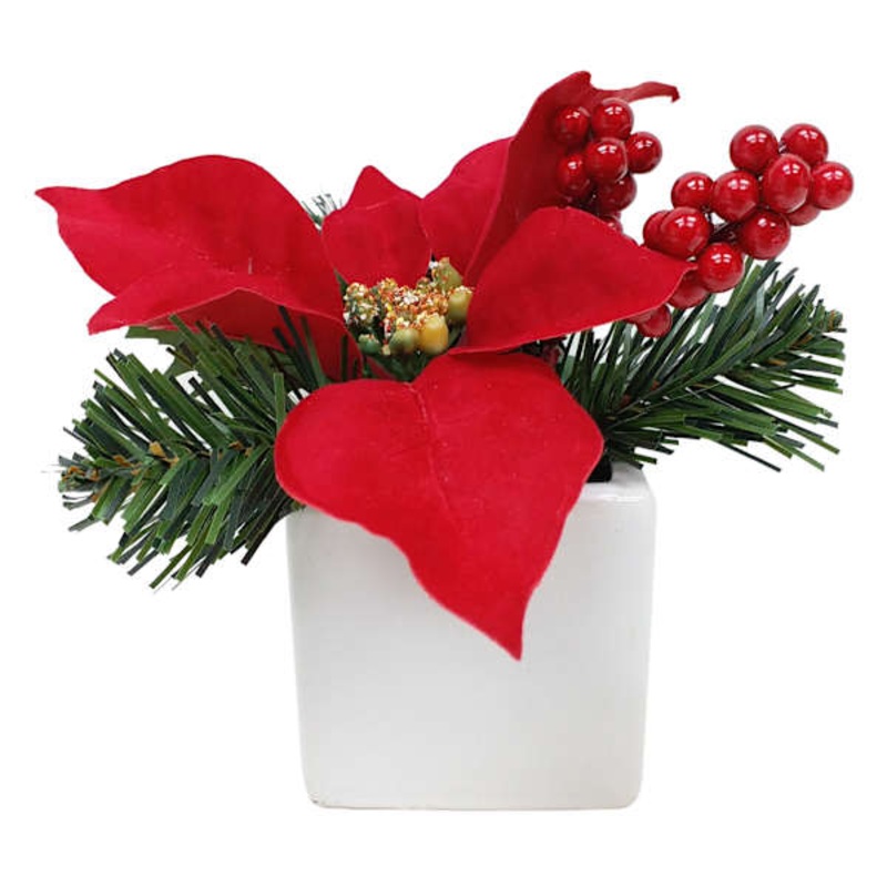 Red Poinsettia & Berry Greenery Arrangement in Ceramic Pot, 6″