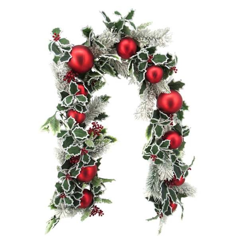 Snow Holly, Ball & Pine Garland, 72″