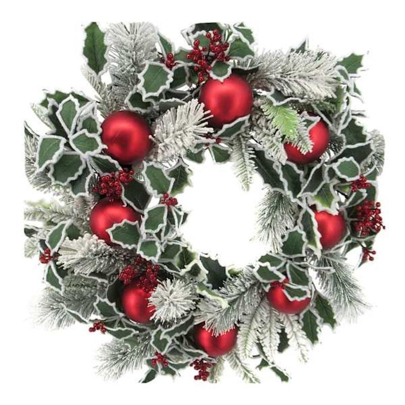 Snow Holly, Ball & Pine Wreath, 24″