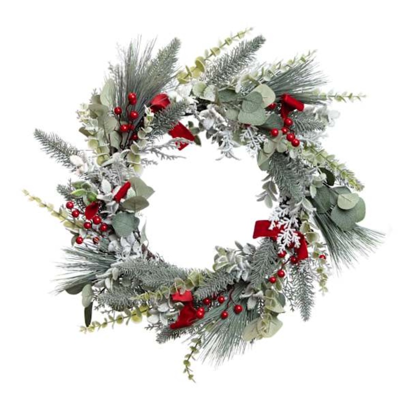 Snow Pine & Berry & Bow Wreath, 24″