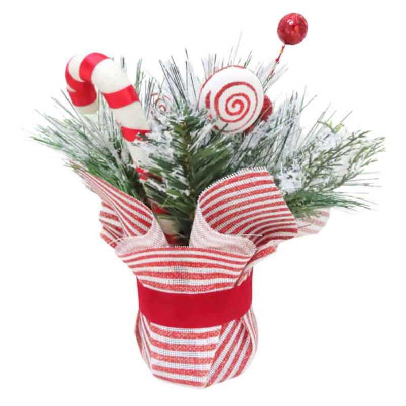 Snowy Christmas Arrangement In Red & White Pot, 10″