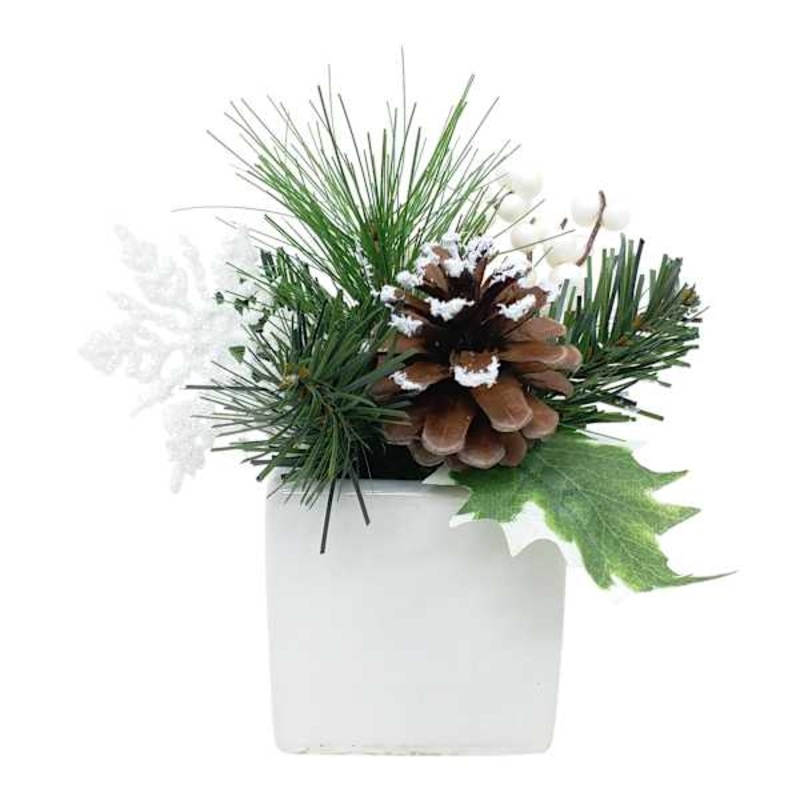 White Berry & Pinecone Arrangement in Ceramic Pot, 6″