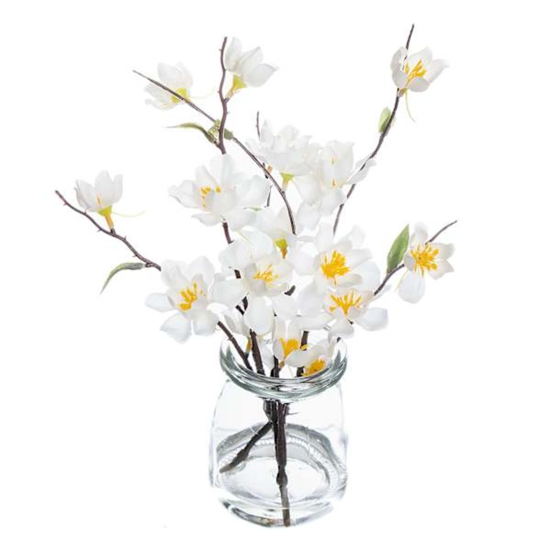 White Blossom Arrangement in Glass Vase, 10″
