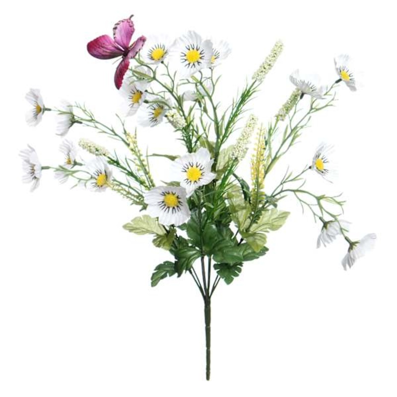 White Cosmos, Heather & Butterfly Bush, 20″