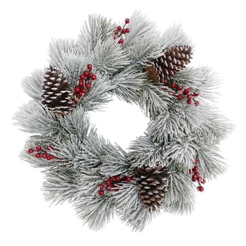 White Flocked Pinecone, Red Berry & Pine Wreath, 22″