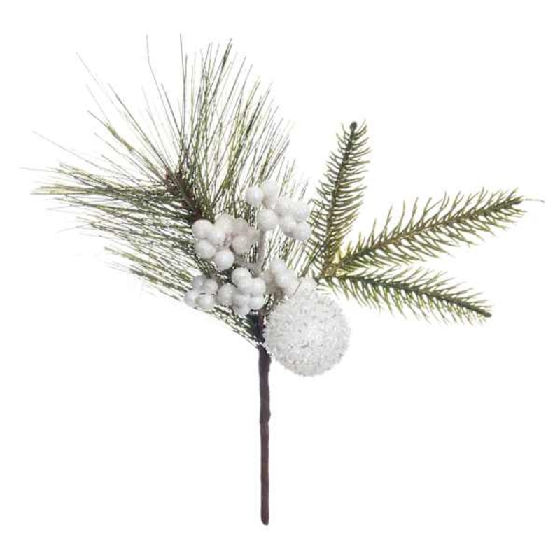 White Glittered Berry, Ball & Pine Pick, 12″