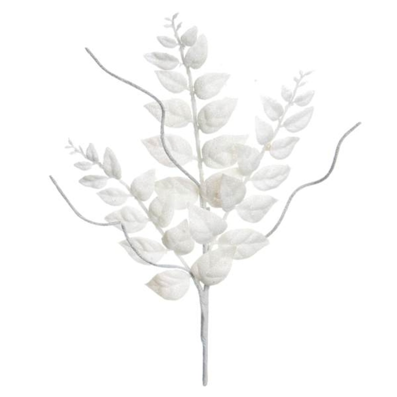 White Glittered Leaf Stem, 14″