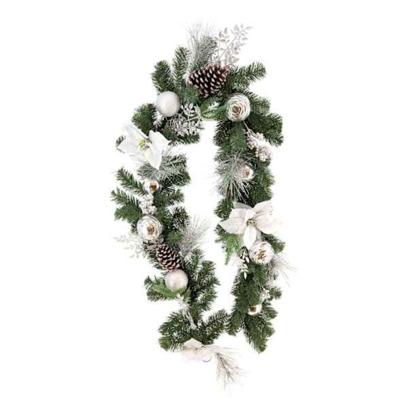 White Poinsettia, Ball & Pine Garland, 6′