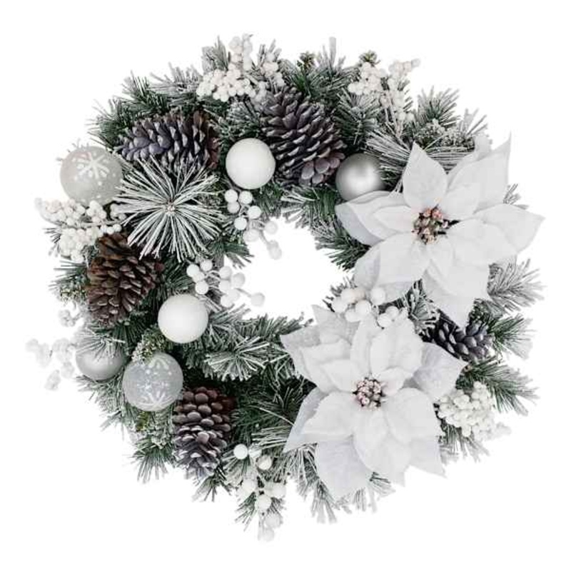 White Poinsettia, Ornament & Pine Wreath, 24″