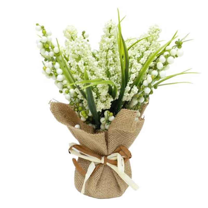 Green Heather Flowers with Burlap, 11″
