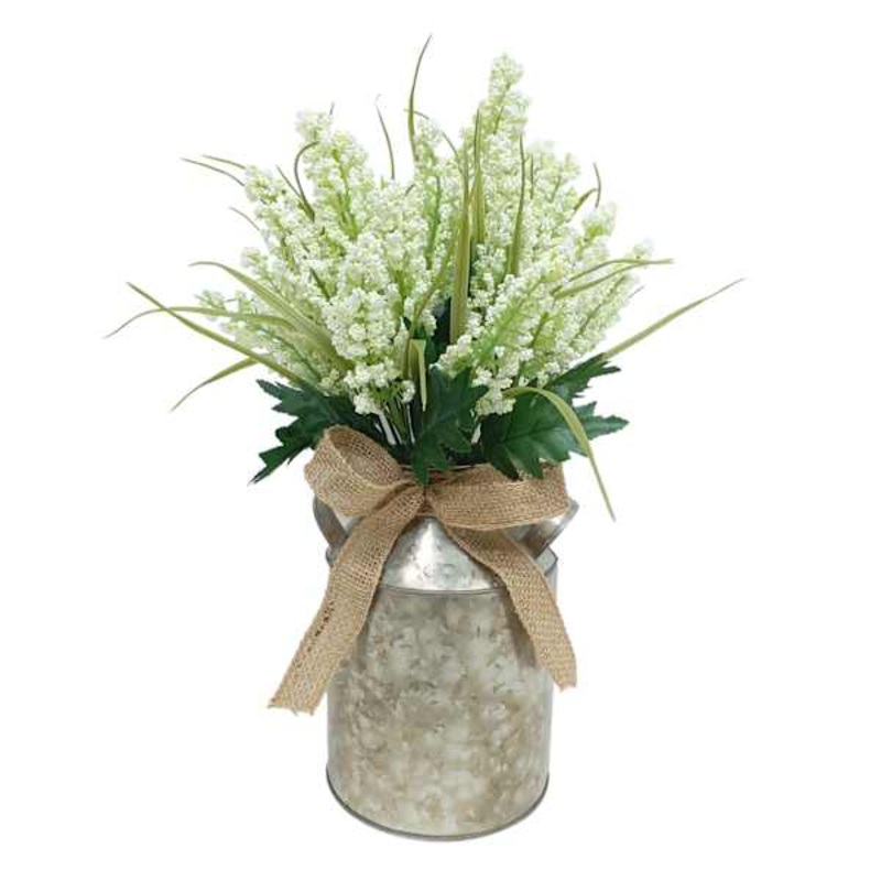Green Heather Flowers with Metal Pot, 15″