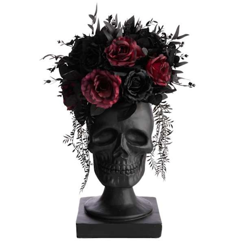 Midnight Shadows Red & Black Rose in Skull Vase, 26″