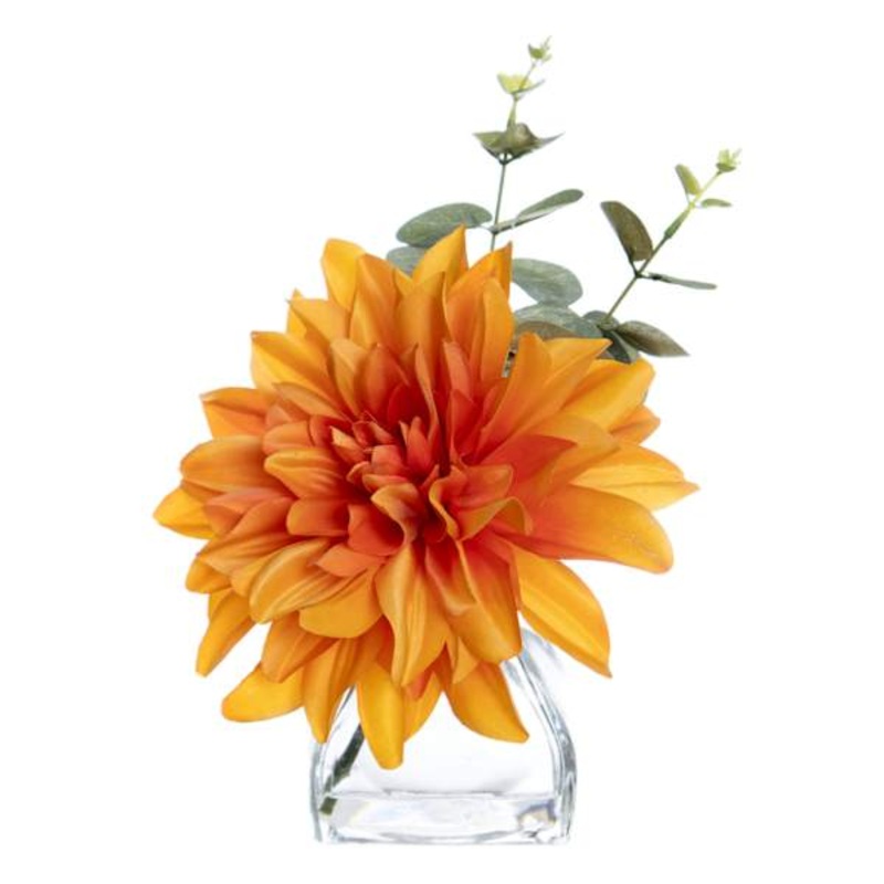 Orange Dahlia & Eucalyptus Floral Arrangement in Glass Vase, 10″