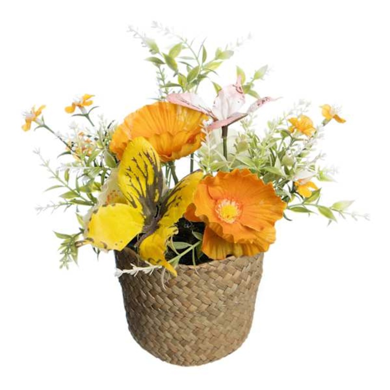 Orange Poppy & Yellow Butterfly in Basket, 10″