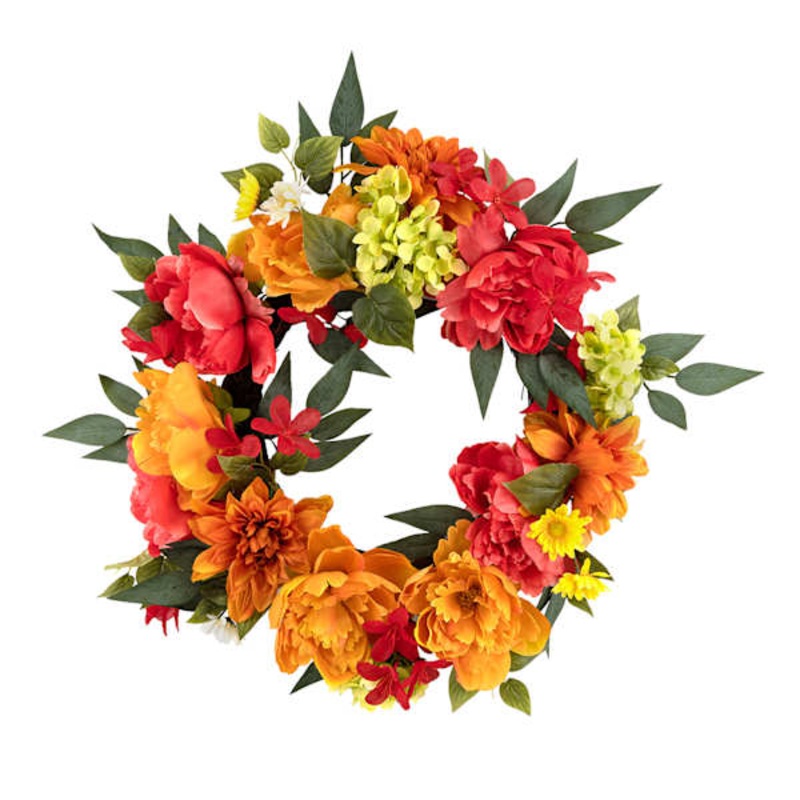 Orange & Red Mixed Peony & Dahlia Wreath, 24″