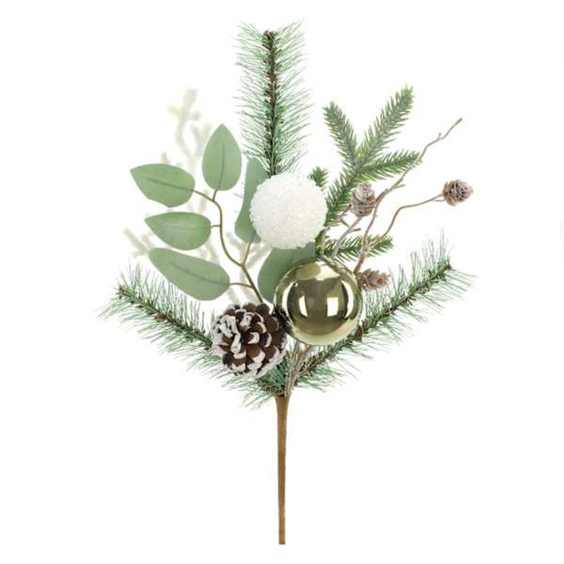 Ornament Ball, Greenery & Pinecone Pick, 16″