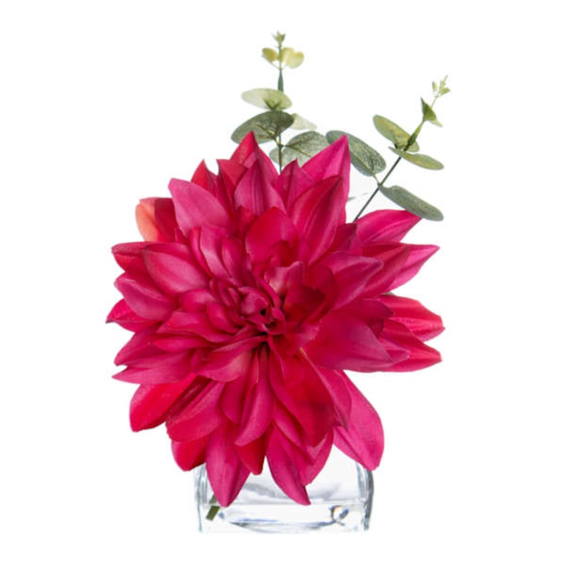 Pink Dahlia & Eucalyptus in Glass Vase, 10″