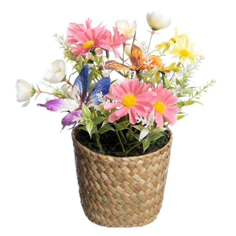 Pink Daisy & Butterfly Arrangement in Basket, 10″