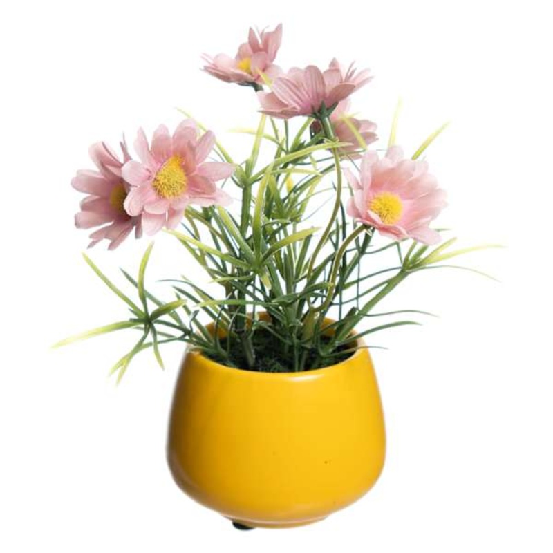 Pink Daisy in Yellow Ceramic Pot, 6″