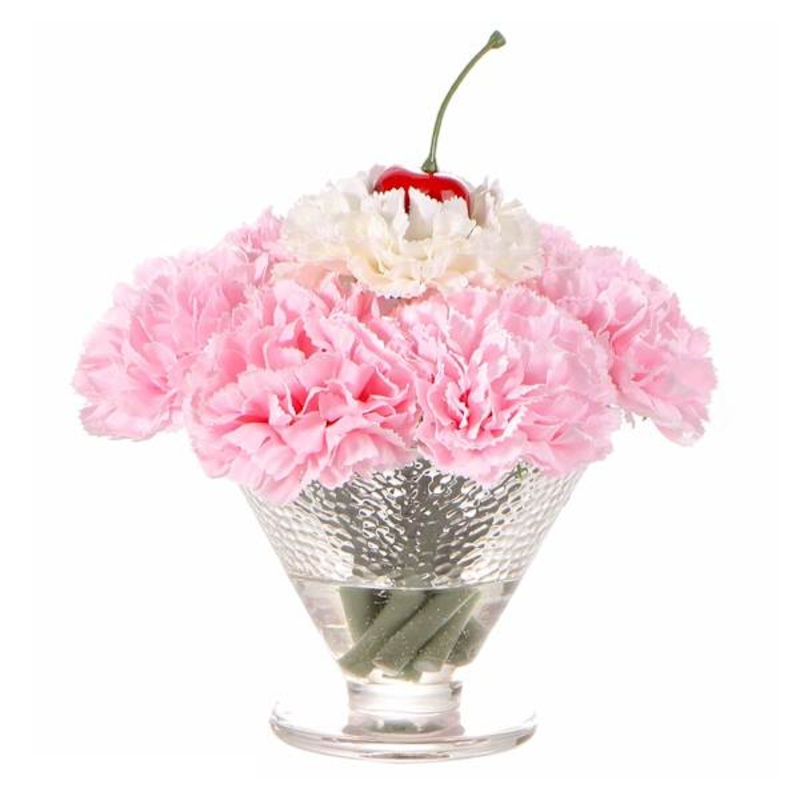 Pink Flower Arrangement in Glass Vase with Cherry