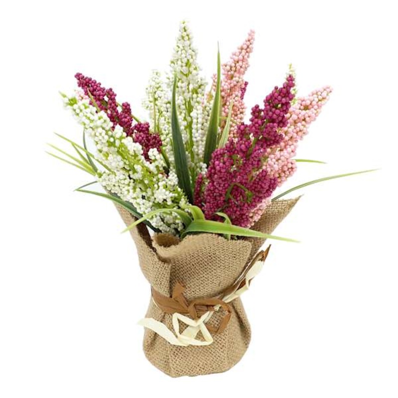 Pink Heather Flowers with Burlap, 11″
