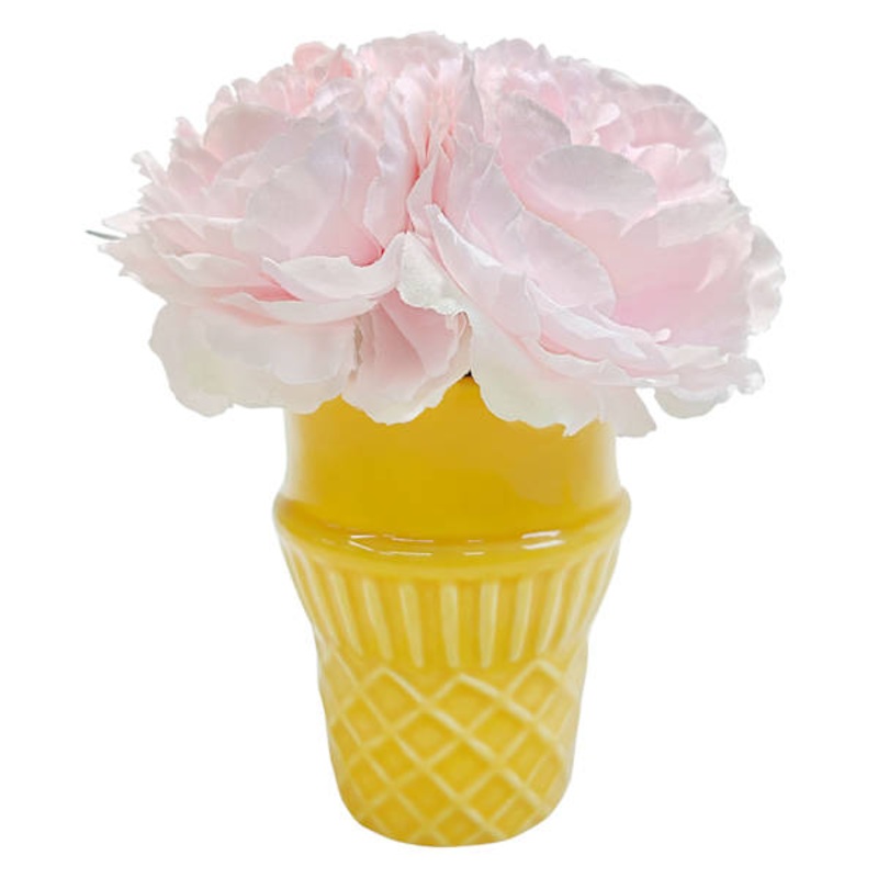 Pink Peony with Ice Cream Cone Vessel, 6″