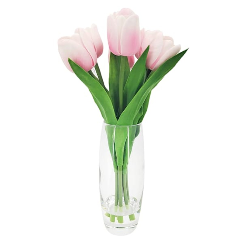 Pink Real Feel Tulip Arrangement in Glass Vase, 12″