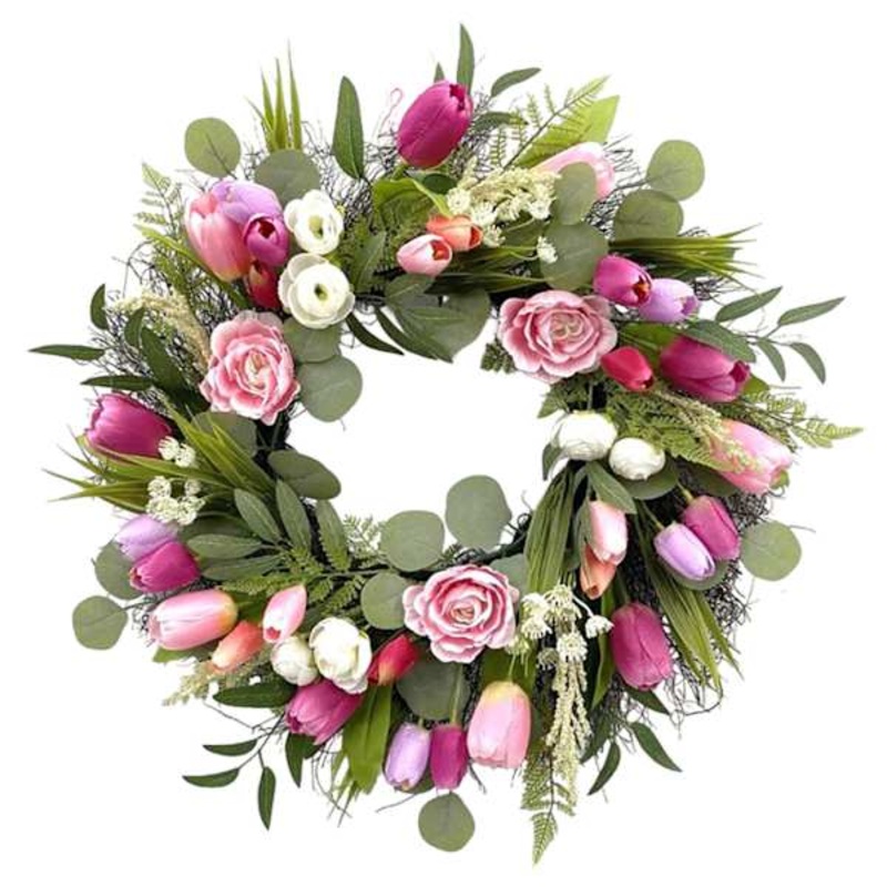 Pink Tulip & Rose Mix Wreath, 24″