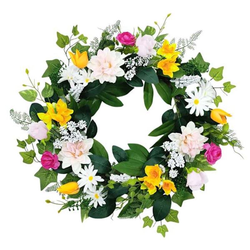Pink, White & Yellow Mixed Flower Wreath, 24″