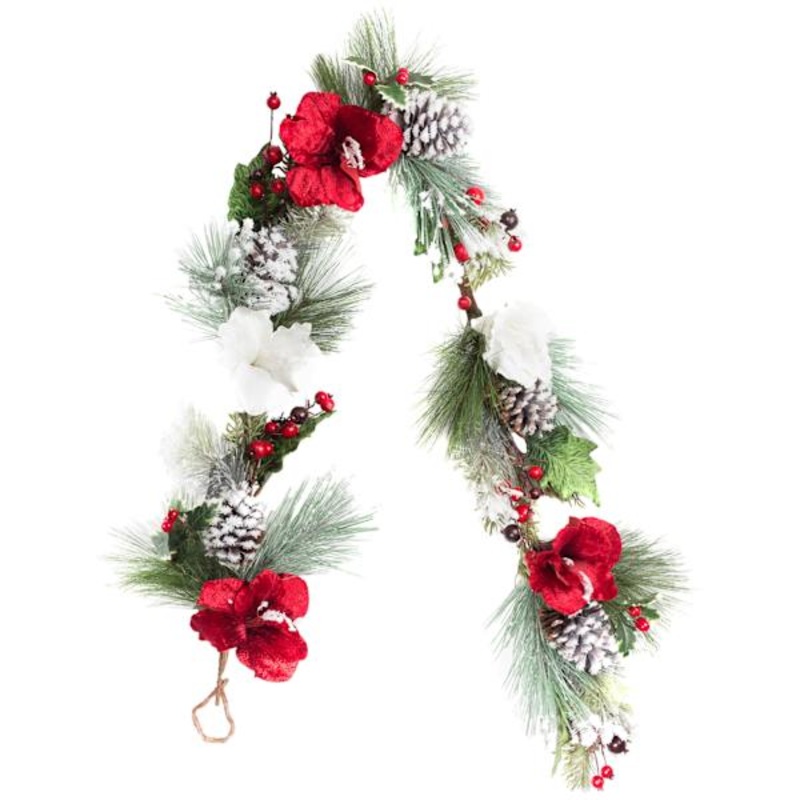 Poinsettia & Berry Flocked Garland, 6′
