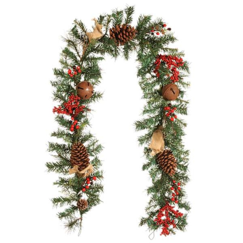 Bells, Berries, Burlap & Pinecones Garland, 6′