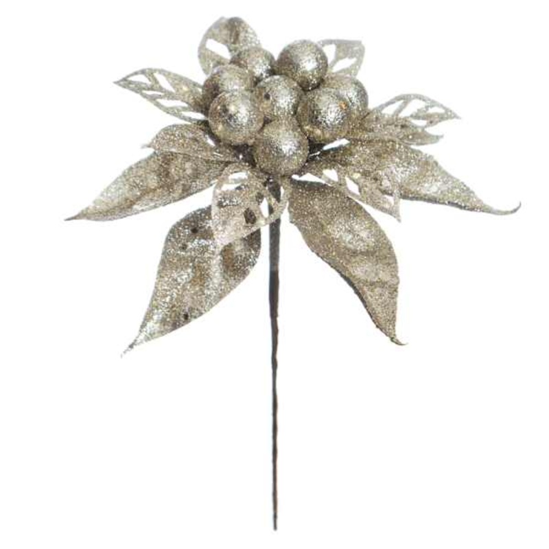 Champagne Glitter Poinsettia Pick, 9″
