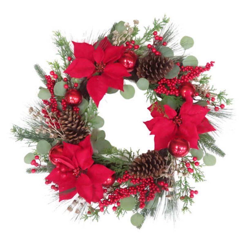 Christmas Ornament & Poinsettia & Mixed Pine Grapevine Wreath, 24